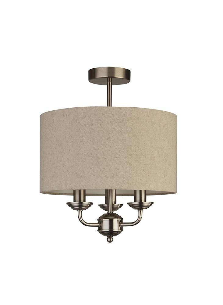 Light Satin Silver Ceiling, Chandelier With Cream Linen Shades