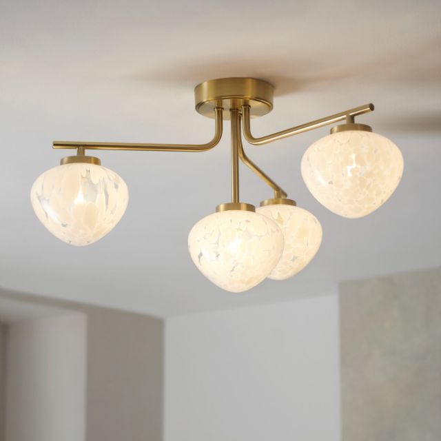 Modern 4 Light Semi Flush Ceiling Light In Satin Brass Finish With White Confetti Glass Shades