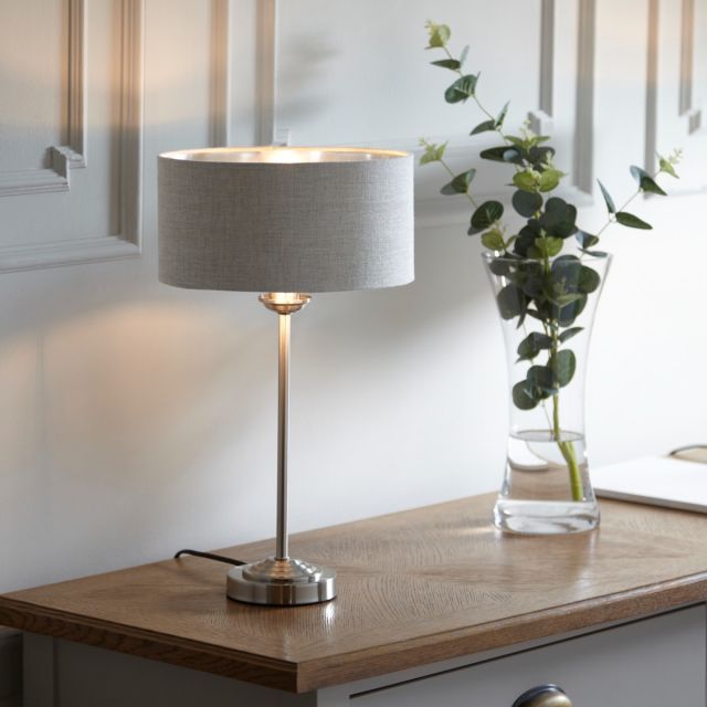 Highclere Single Table Lamp In Brushed Chrome And Natural Linen Fabric Shade