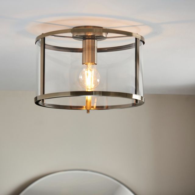 Endon 103112 Hopton Flush Ceiling Light In Antique Brass With Clear Glass