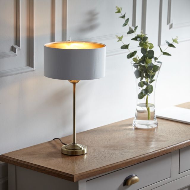Highclere Single Table Lamp In Antique Brass And Vintage White Fabric Shade