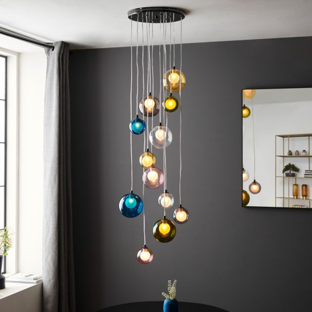 Hue 12 Light Ceiling Cluster Light In Black Chrome Finish With Multicoloured Glass Shades