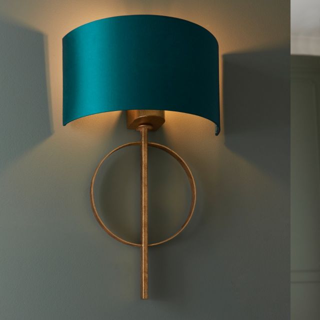  Sculptural Wall Light In Antique Gold Leaf With Teal Satin Fabric