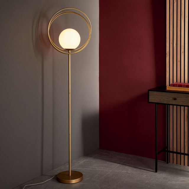 Modern Hoop Floor Lamp In Brushed Gold With Gloss Opal Glass