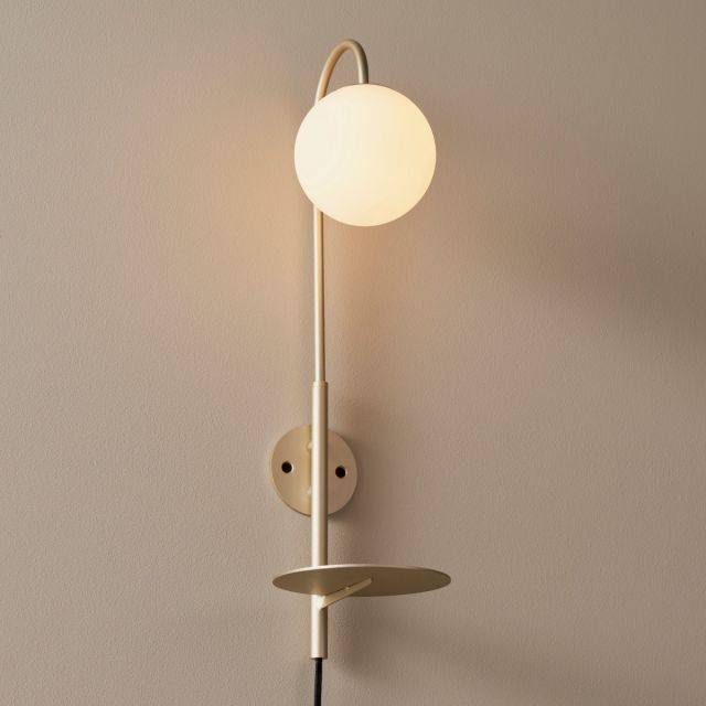 Contemporary 1 Light Plug In Wall Light With Shelf In Satin Champagne  With Opal Glass Shade