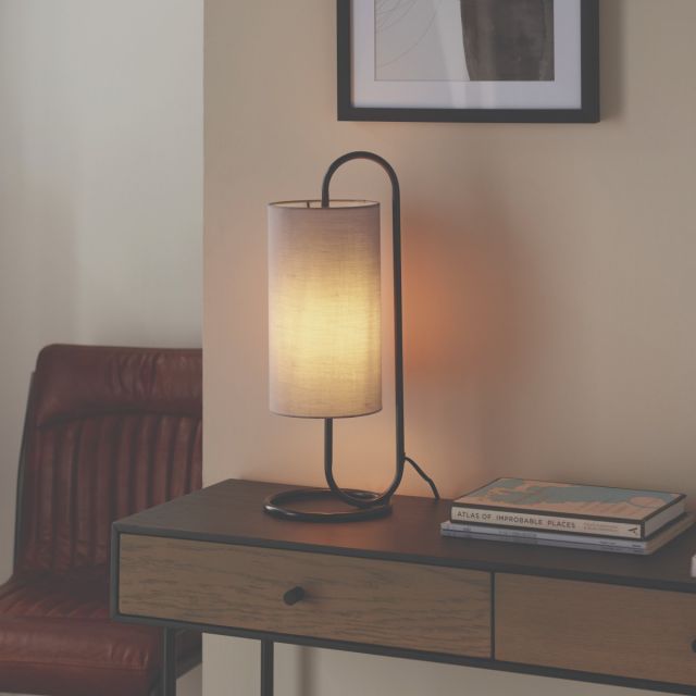 Bauhaus Table Lamp In Matt Black Finish With Grey Fabric Shade