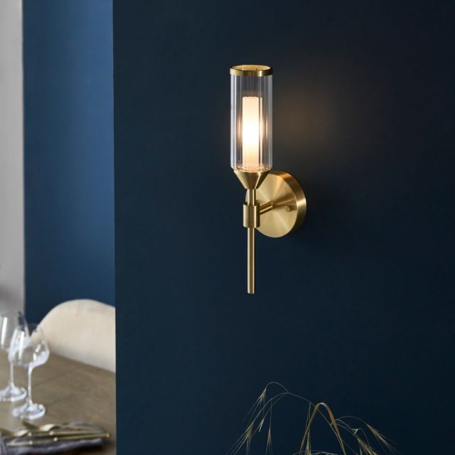 Pillar Single Wall Light In Satin Brass With Clear And Frosted Glass