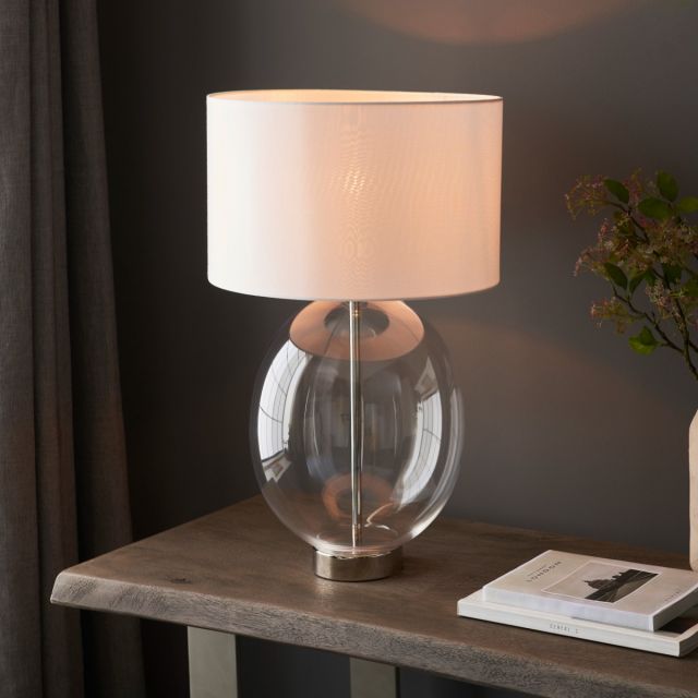 Pablo Oval Clear Glass Touch Table Lamp In Bright Nickel With White Shade