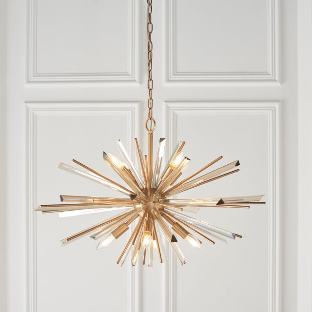Contemporary 8 Light Ceiling Pendant Light In Antique Brass With Champagne Glass