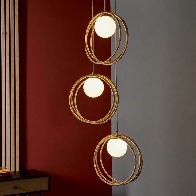 Modern 3 Light Hoop Ceiling Pendant Light In Brushed Gold With Gloss Opal Glass