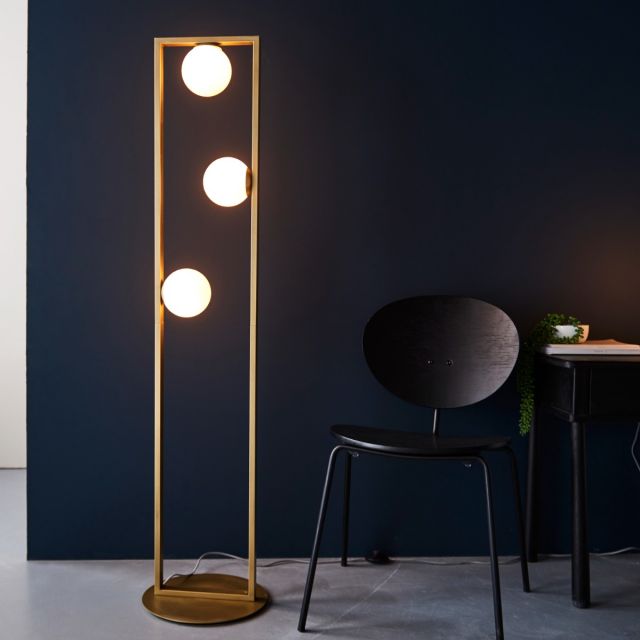 Contemporary 3 Light Floor Lamp In Brushed Gold With Gloss Opal Glass