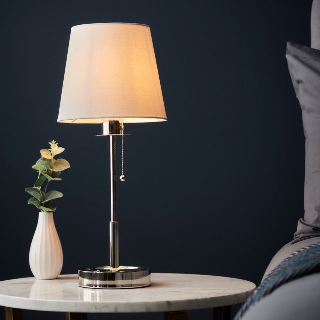 Classic 2 Light Table Lamp In Bright Nickel With Vintage White Fabric Shade
