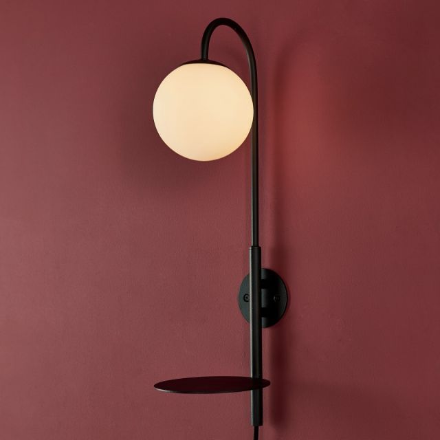 Contemporary 1 Light Plug In Wall Light With Shelf In Satin Black With Opal Glass Shade