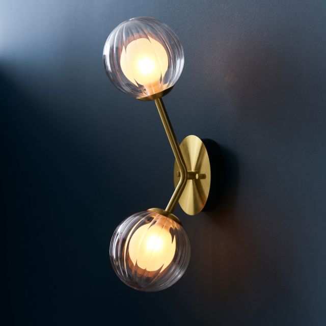 Duo 2 Light Wall Light In Satin Brass Finish With Duplex Glass Shades