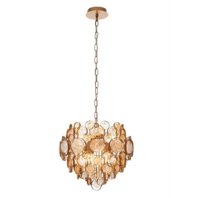 Stylish 6 Light Ceiling Pendant Light In Antique Gold With Clear And Amber Glass