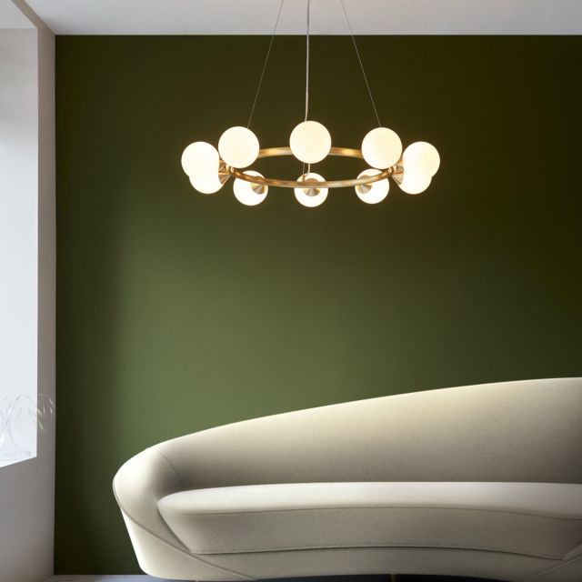 Teardrop 10 Light Ring Ceiling Pendant In Satin Brass Finish With Gloss White Glass Shades