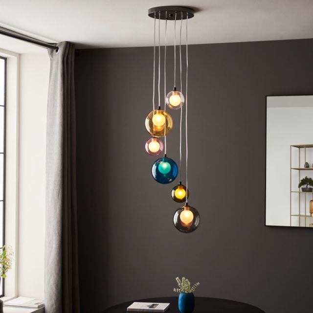 Hue 6 Light Ceiling Cluster Light In Black Chrome Finish With Multi Coloured Glass Shades