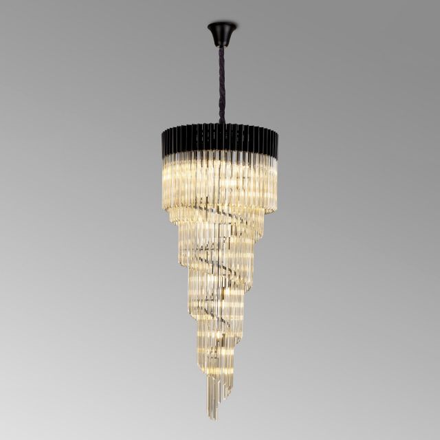 Prestige Metro Large Spiral Ceiling Pendant Light In Matt Black With Cognac Crystal Glass 70cm