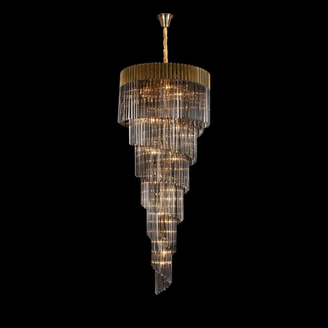 Prestige Metro Grand Spiral Ceiling Pendant Light In Brass With Smoked Crystal Glass 90cm