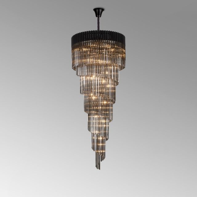 Prestige Metro Grand Spiral Ceiling Pendant Light In Matt Black With Smoke Sculpted Glass 90cm