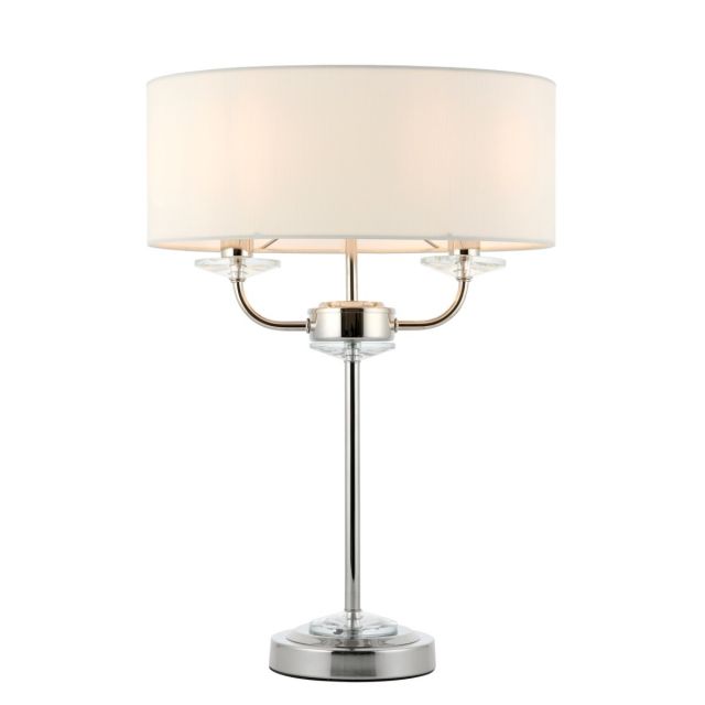 Endon 60804 Nixon 2 Light Table Lamp In Nickel With Crystal Glass And Vintage White Faux Silk Shade