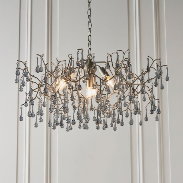Osier 4 Light Ceiling Pendant In Aged Silver With Smokey Glass Teardrops 