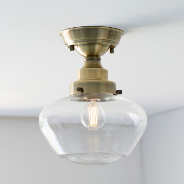 Timeless Semi Flush Ceiling Light In Antique Brass Finish With Clear Glass Shade