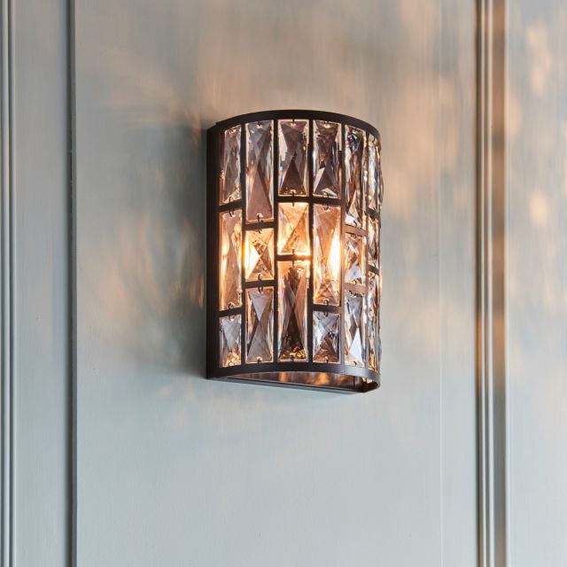 1 Light Wall Light In Dark Bronze And Clear Crystal Glass
