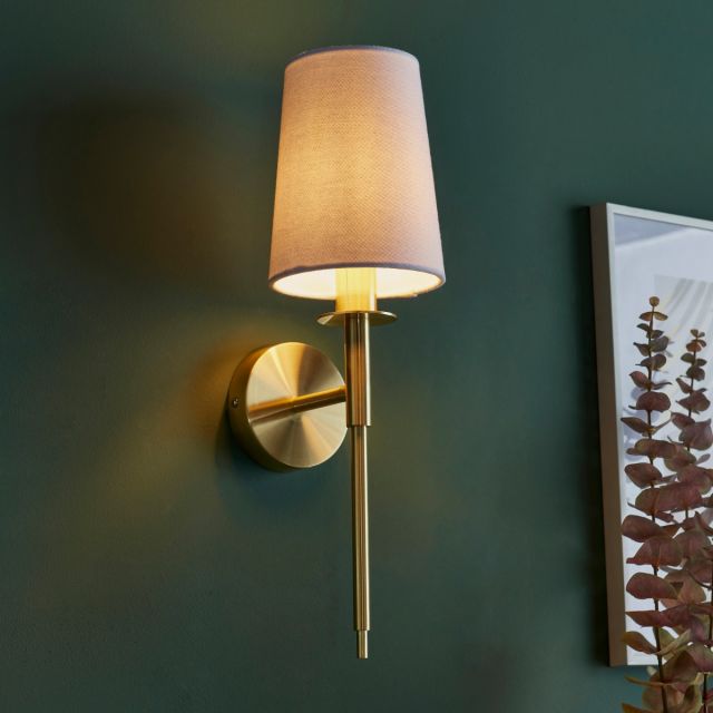 Classic 1 Light Wall Light in Satin Brass With Vintage White Shade