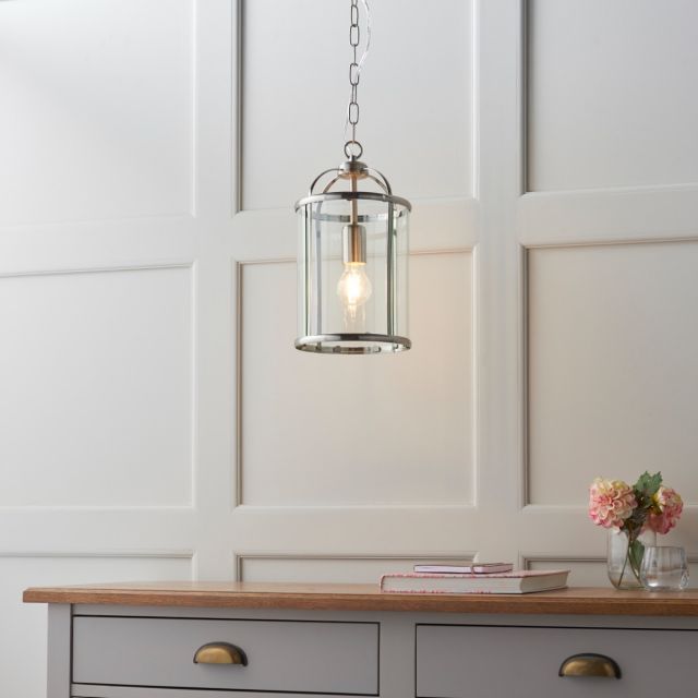 Endon 70323 Lambeth 1 Light Ceiling Pendant In Satin Nickel And Clear Glass