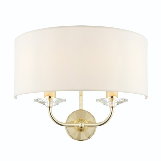 Endon 70562 Nixon 2 Light Wall Light In Brass WIth Crystal Glass And Vintage White Faux Silk Shade