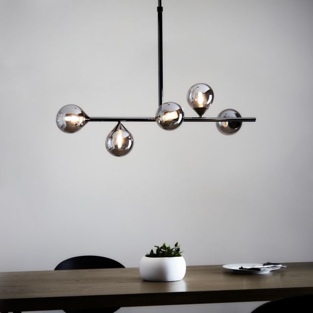 Linear 5 Light Ceiling Pendant Light In Black Chrome Finish With Smoked Mirrored Glass Shades