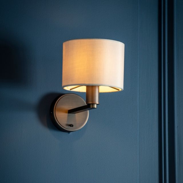 Endon Daley Single Wall Light In Dark Antique Bronze With Faux Silk Shade