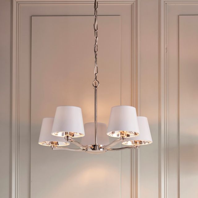 Endon Harvey 5 Light Multi Arm Ceiling Light In Bright Nickel With White Faux Silk Shades