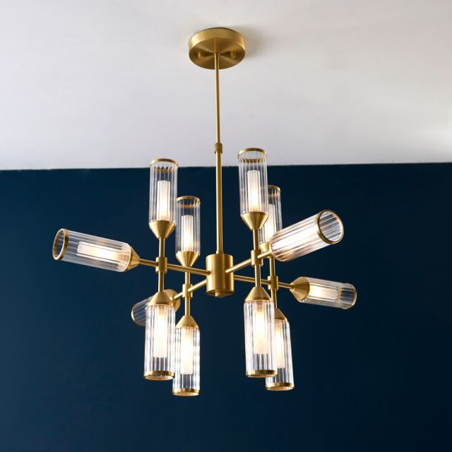 Pillar 12 Light Ceiling Pendant Light In Satin Brass With Clear Ribbed And Frosted Glass