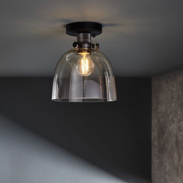 Industrial Flush Ceiling Light In Black Chrome Finish With Smokey Grey Tinted Glass Shade