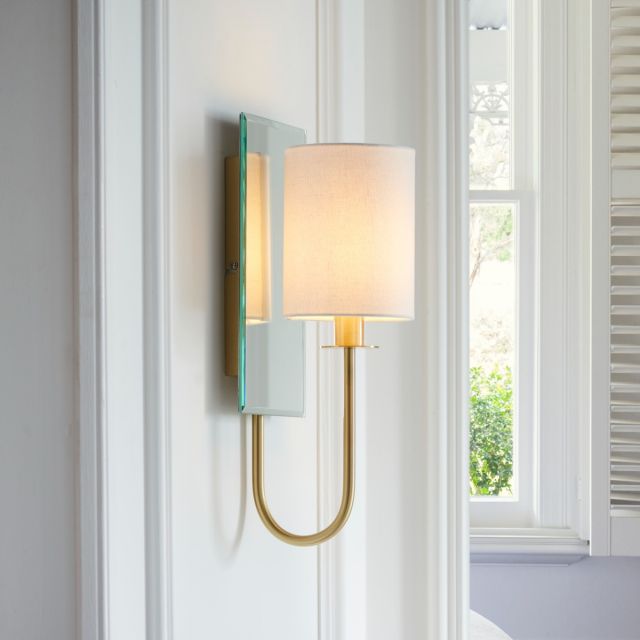 Amy Wall Light In Satin Brass With Reflective Mirror And Vintage White Shade