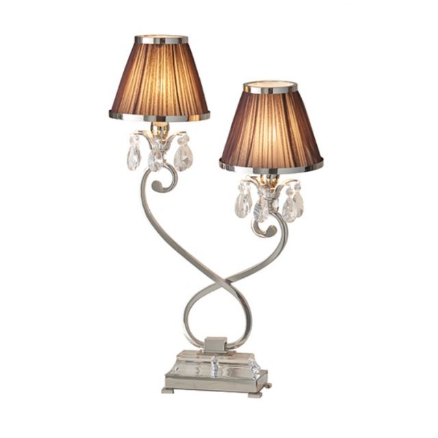 Interiors 1900 63527 Oksana Nickel Twin Table Lamp In Nickel With Chocolate Brown Shades