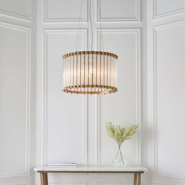 Modern 6 Light Ceiling Pendant Light In Matt Gold Finish With Clear Ribbed Glass