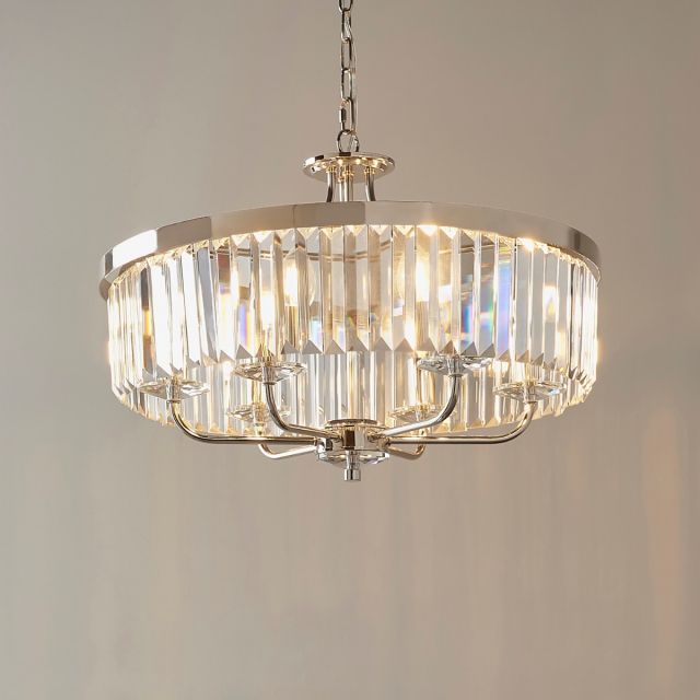 Stunning 6 Light Ceiling Chandelier  In Bright Nickel Finish With Clear Cut Glass