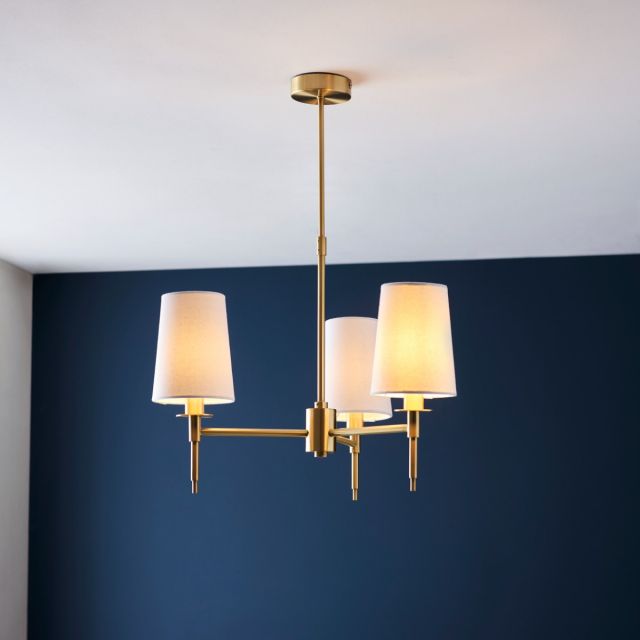 Classic 3 Light Ceiling Pendant Light In Satin Brass With Vintage White Fabric