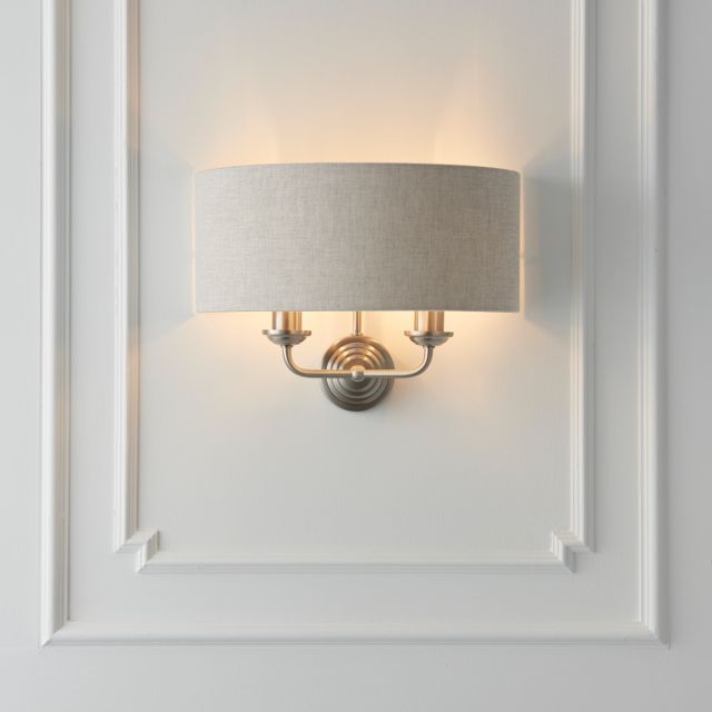 Endon Lighting 94403 Highclere 2 Light Wall Light In Brushed Chrome With Natural Linen Shade