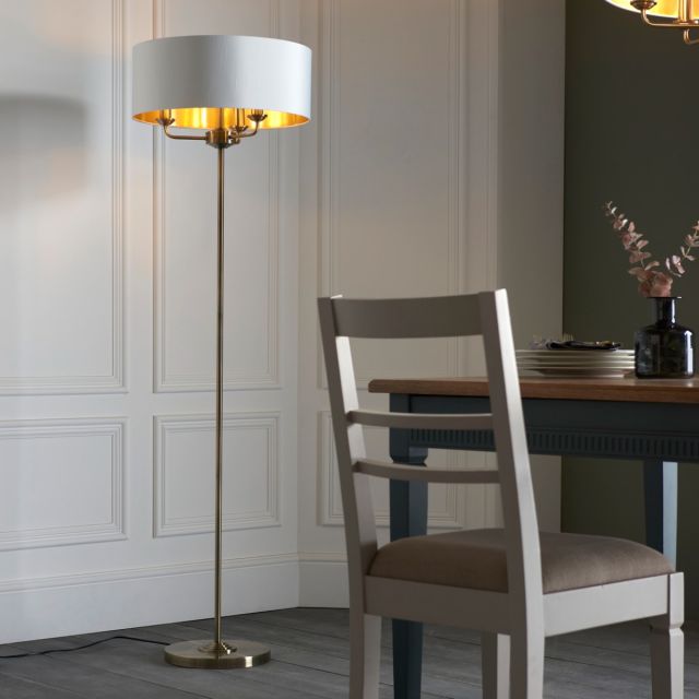 Highclere 3 Light Floor Lamp In Antique Brass Finish And Vintage White Shade