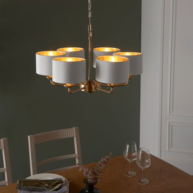 Highclere 6 Light Ceiling Pendant Light In Antique Brass Finish And Vintage White Fabric Shade