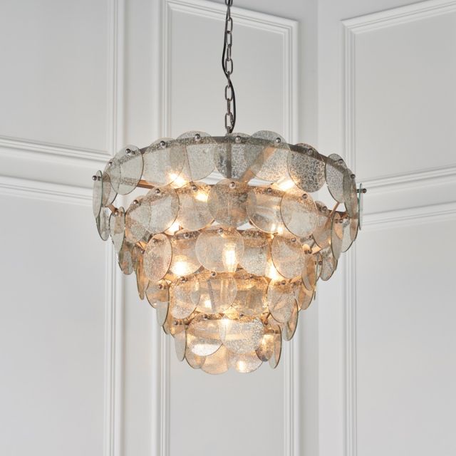 Classic 9 Light Ceiling Pendant Light In Antique Silver With Mercury Glass
