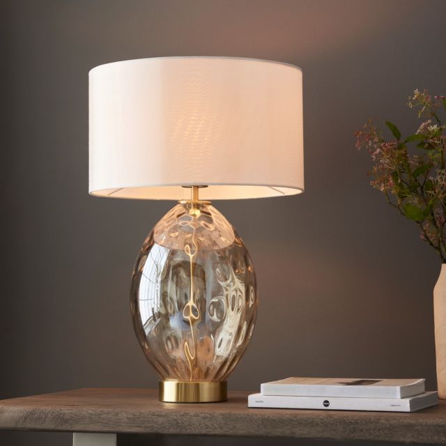 Jane Touch Table Lamp In Champagne Lustre Glass With Vintage White Fabric Shade
