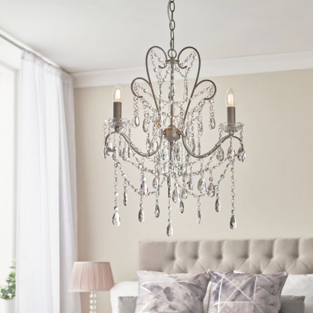 Antoinette 3 Light Ceiling Chandelier In Aged Brass Finish With Clear Glass Droplets