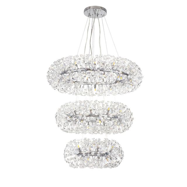 Fusion 3 Tier Pendant 58 Light in a Polished Chrome Finish and Clear Crystal