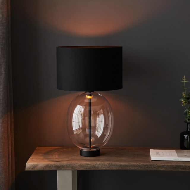Pablo Oval Clear Glass Touch Table Lamp In Matt Black With Black Shade