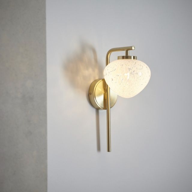 Modern Single Wall Light In Satin Brass Finish With White Confetti Glass Shade
